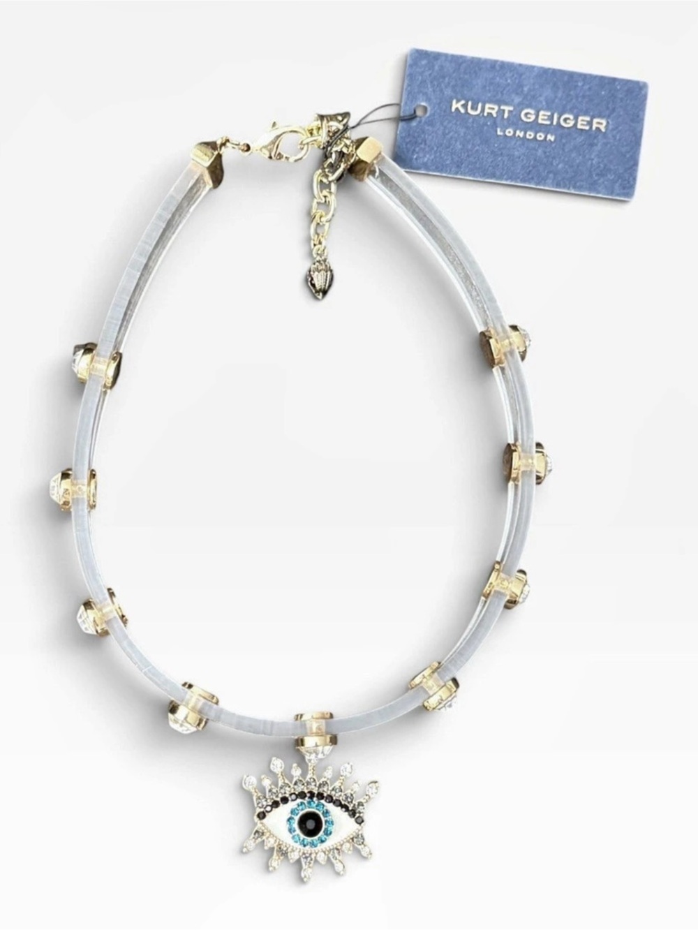 Kurt Geiger NWT London Crystal Evil Eye Jelly Choker Necklace in Clear & Gold